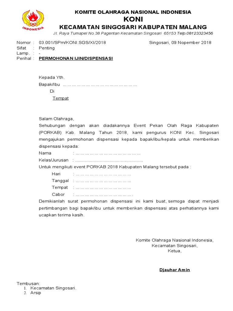 Contoh Surat Dispensasi Olahraga - KibrisPDR