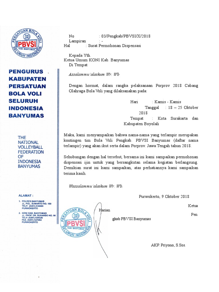 Detail Contoh Surat Dispensasi Olahraga Nomer 8