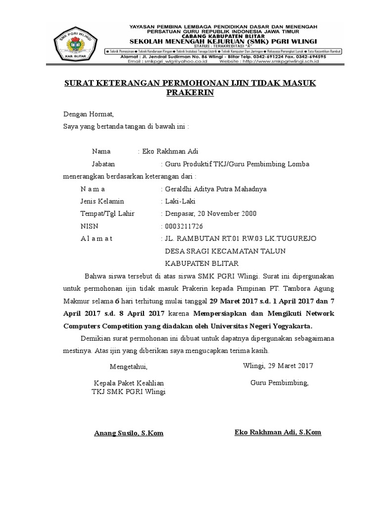 Detail Contoh Surat Dispensasi Tidak Masuk Sekolah Nomer 11