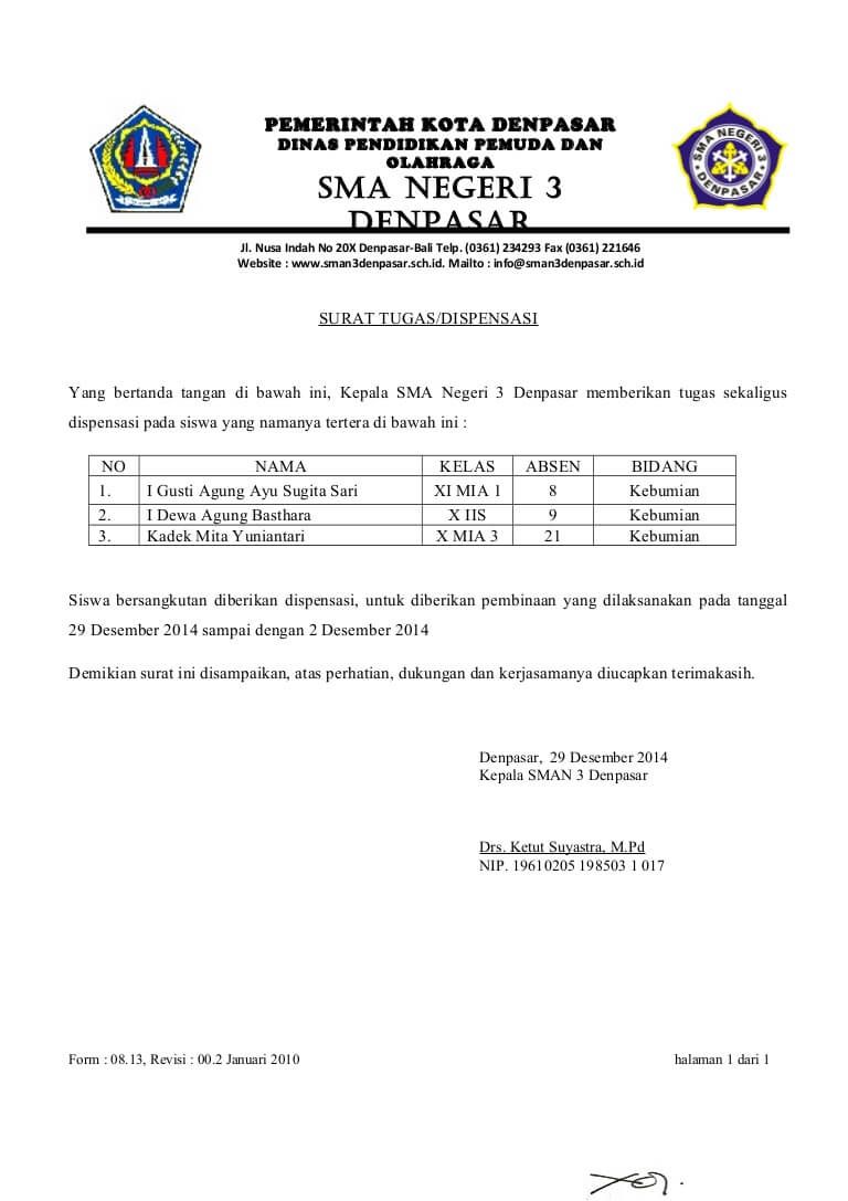 Detail Contoh Surat Dispensasi Tidak Masuk Sekolah Nomer 8