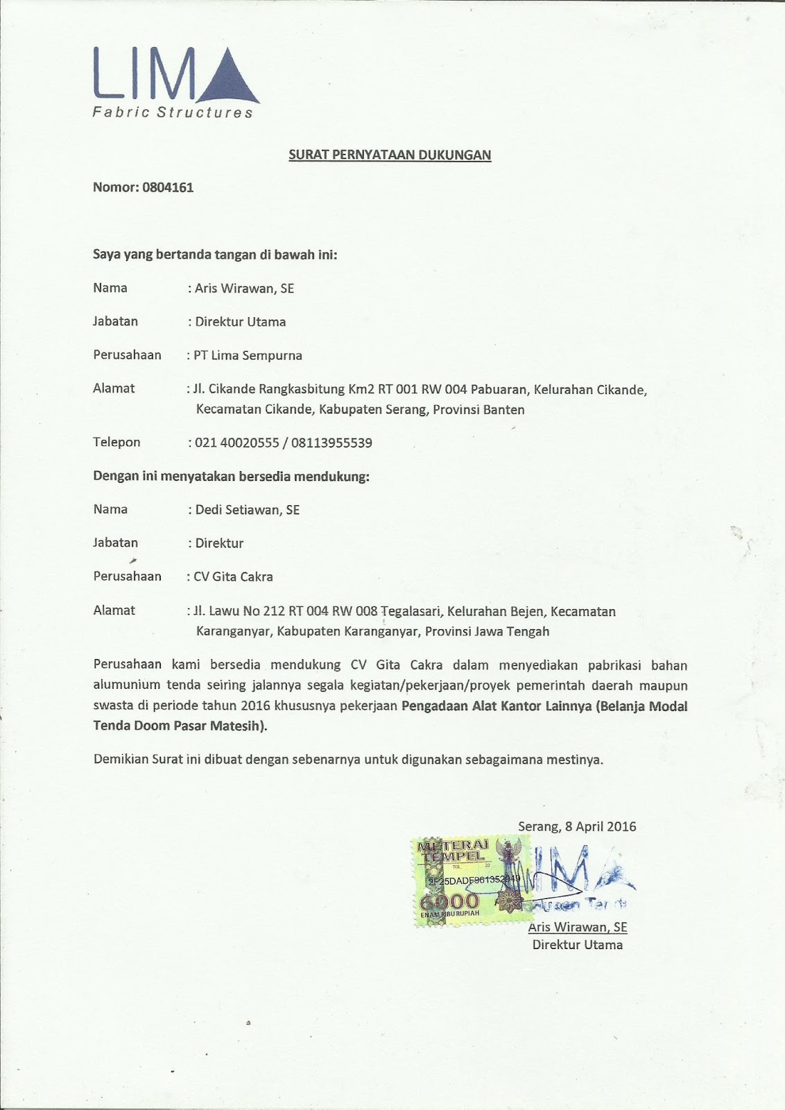 Contoh Surat Dukungan Supplier - KibrisPDR