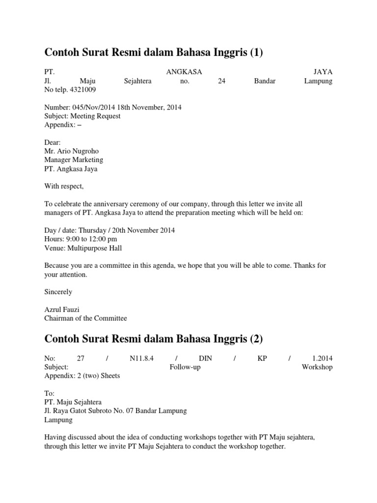 Detail Contoh Surat Formal Dalam Bahasa Inggris Nomer 44