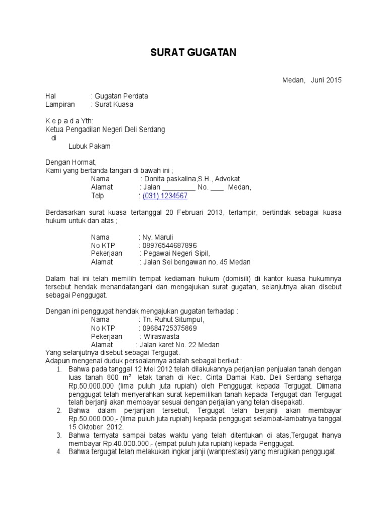 Detail Contoh Surat Gugatan Hukum Acara Perdata Nomer 6