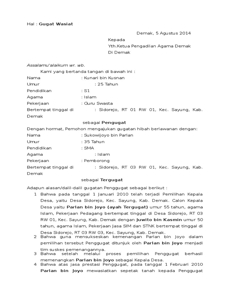 Detail Contoh Surat Gugatan Ke Pengadilan Agama Nomer 16