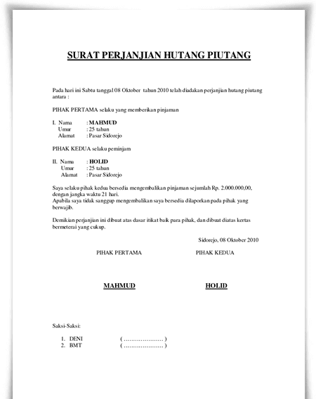 Detail Contoh Surat Hutang Piutang Tanpa Jaminan Nomer 5