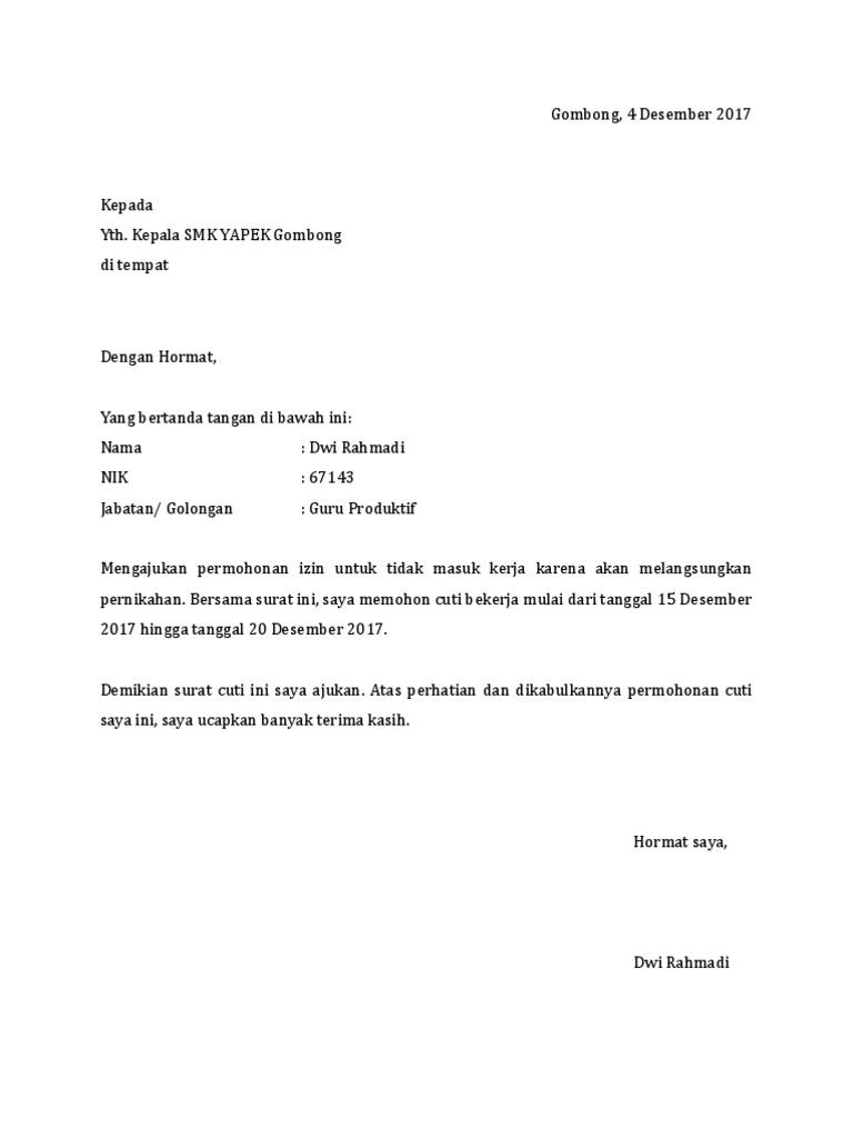 Detail Contoh Surat Ijin Cuti Menikah Nomer 6