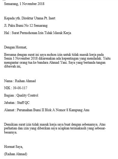 Detail Contoh Surat Ijin Tidak Masuk Kerja Nomer 29