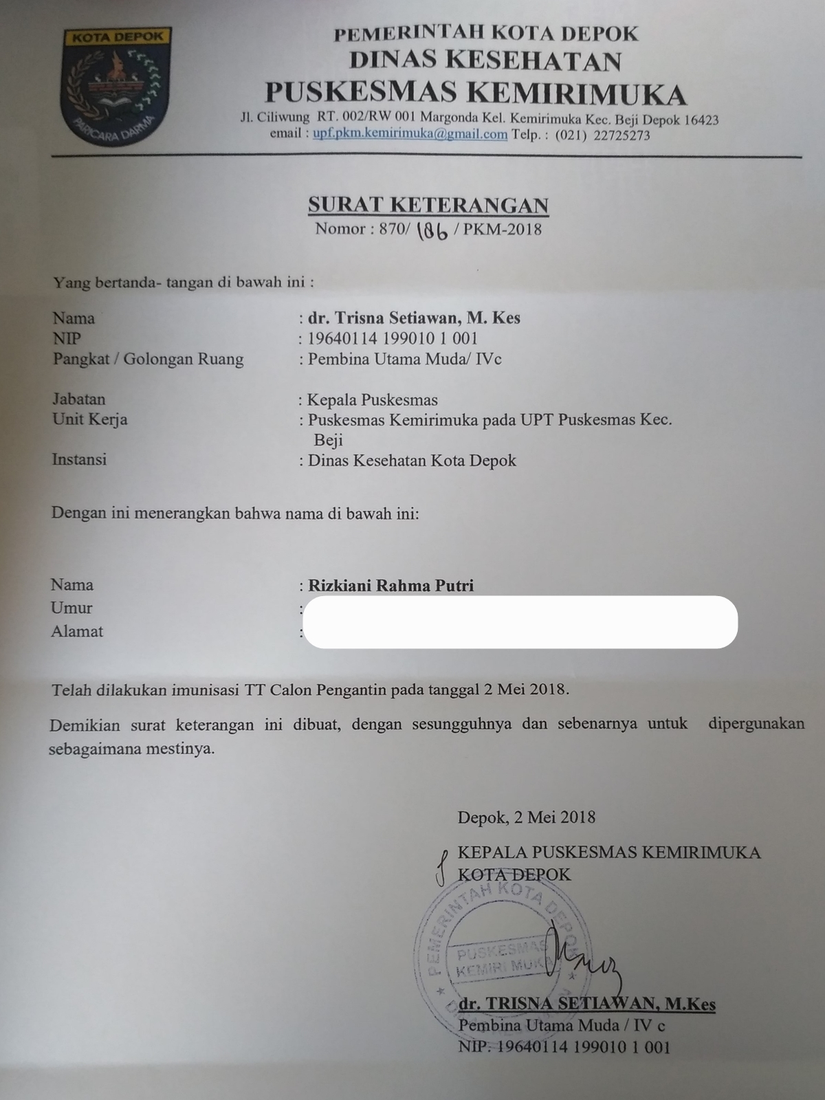 Detail Contoh Surat Imunisasi Nikah Nomer 3