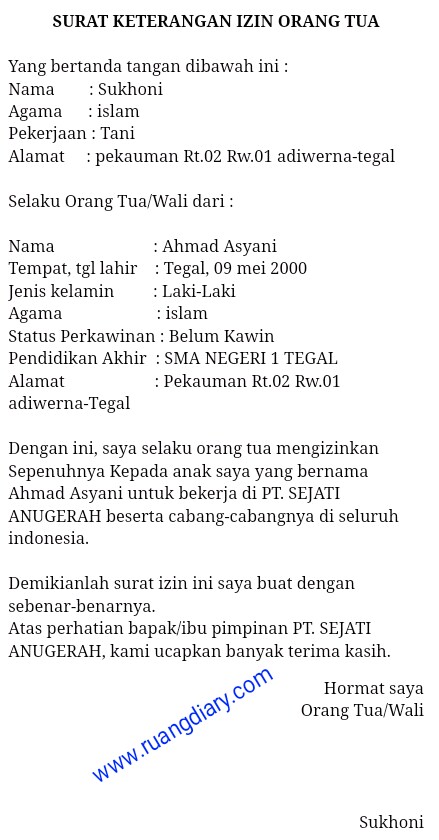 Detail Contoh Surat Izin Bekerja Dari Orang Tua Nomer 5