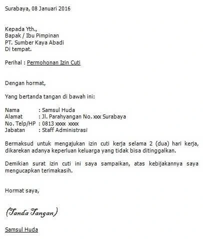 Detail Contoh Surat Izin Masuk Kerja Nomer 15