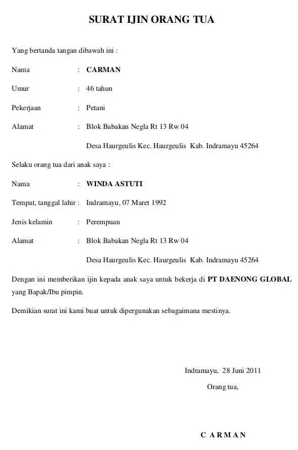 Detail Contoh Surat Izin Orang Tua Untuk Melamar Pekerjaan Nomer 44