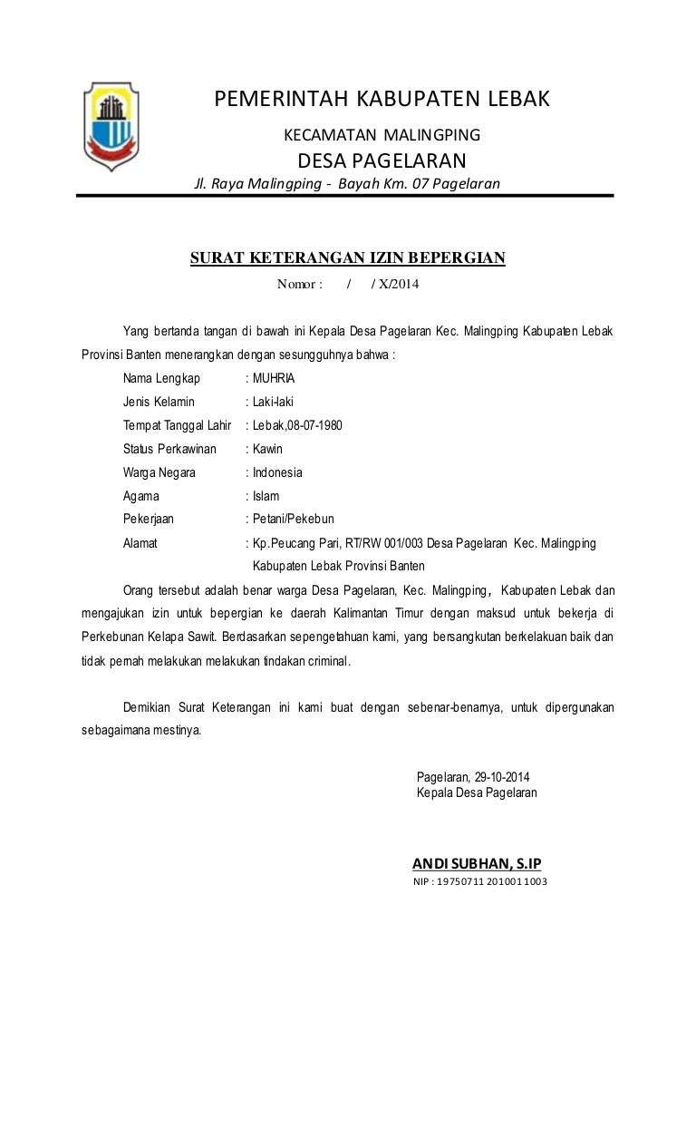 Contoh Surat Izin Perjalanan - KibrisPDR