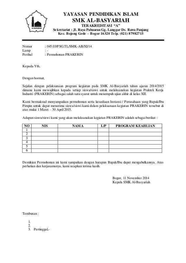 Detail Contoh Surat Izin Pkl Smk Nomer 6