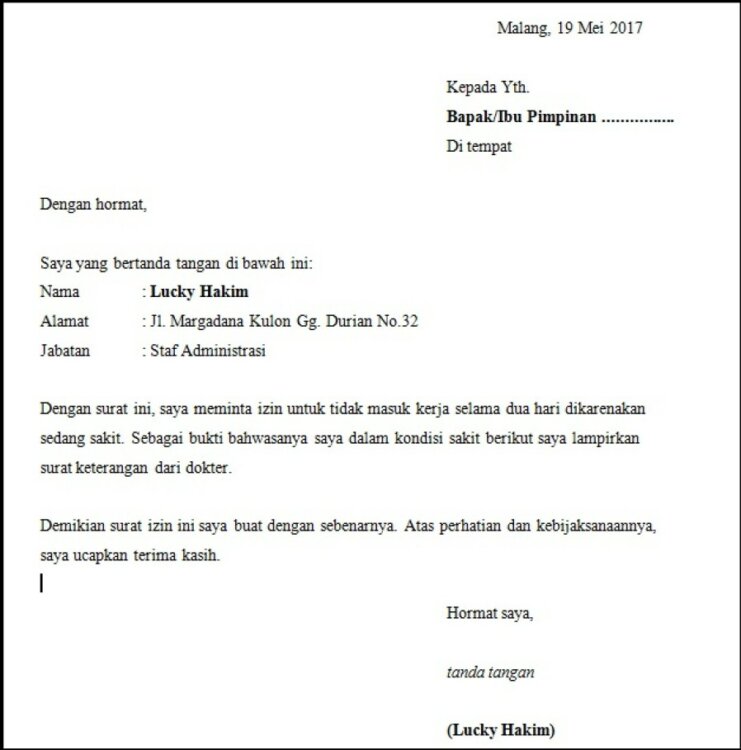 Detail Contoh Surat Izin Sakit Tidak Masuk Kerja Nomer 11