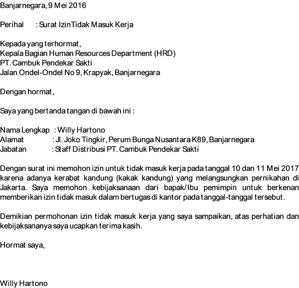 Detail Contoh Surat Izin Tidak Masuk Kantor Nomer 13