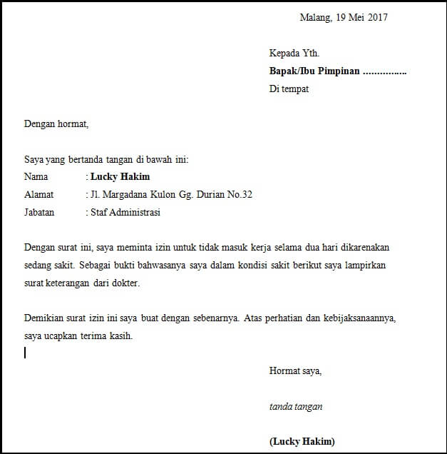 Detail Contoh Surat Izin Tidak Masuk Kantor Nomer 33