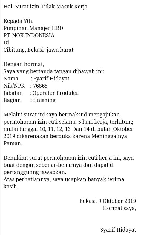 Detail Contoh Surat Izin Tidak Masuk Kerja Karena Keluarga Meninggal Dunia Nomer 5