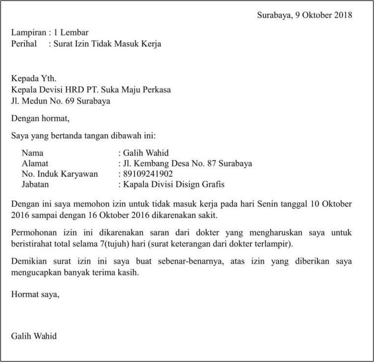 Detail Contoh Surat Izin Tidak Masuk Kerja Karena Sakit Nomer 33