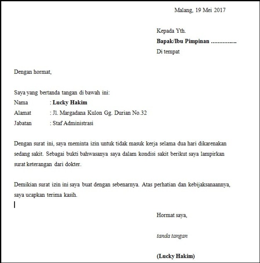 Detail Contoh Surat Izin Tidak Masuk Kerja Karyawan Pabrik Nomer 26