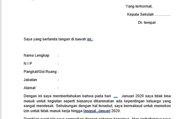 Detail Contoh Surat Izin Tidak Masuk Kerja Pns Nomer 32