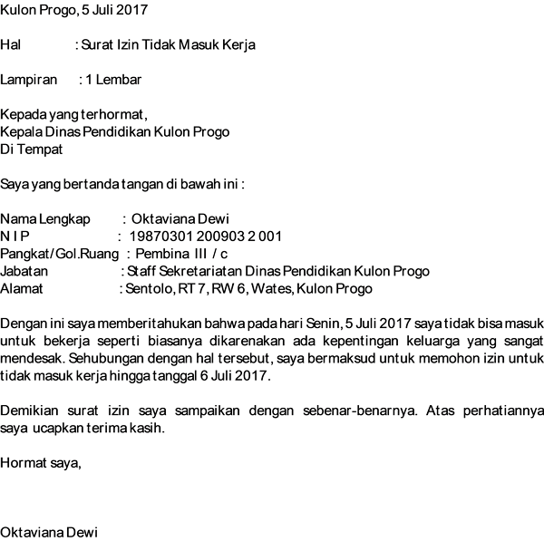 Detail Contoh Surat Izin Tidak Masuk Kerja Pns Nomer 5