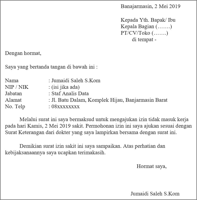 Detail Contoh Surat Izin Tidak Masuk Kerja Pns Nomer 41