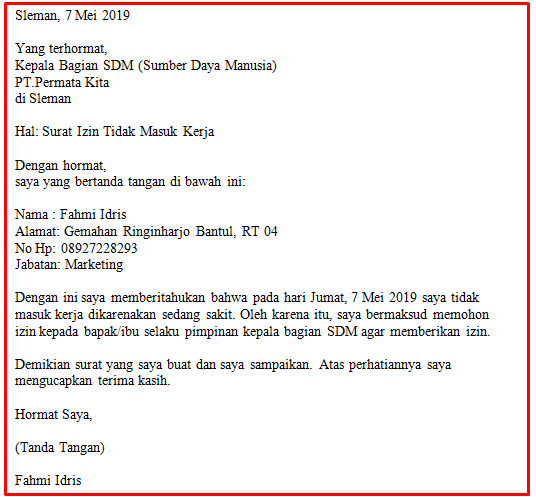 Detail Contoh Surat Izin Tidak Masuk Kerja Pns Nomer 46