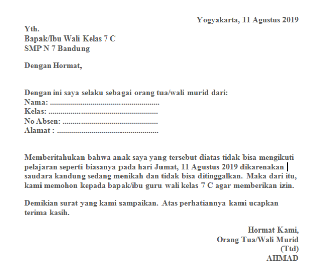 Detail Contoh Surat Izin Tidak Masuk Sekolah Tulisan Tangan Nomer 23