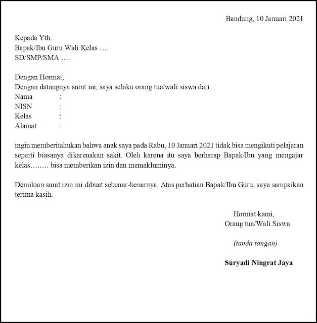 Detail Contoh Surat Izin Tidak Masuk Sekolah Tulisan Tangan Nomer 25