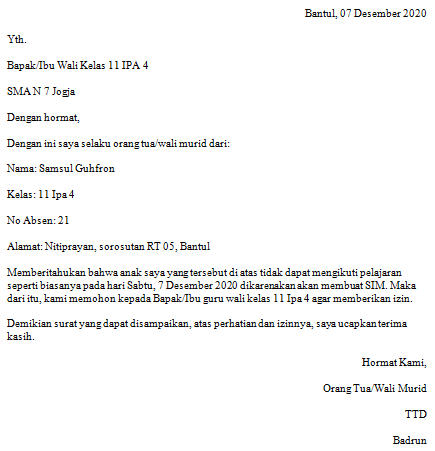 Detail Contoh Surat Izin Tidak Sekolah Nomer 31