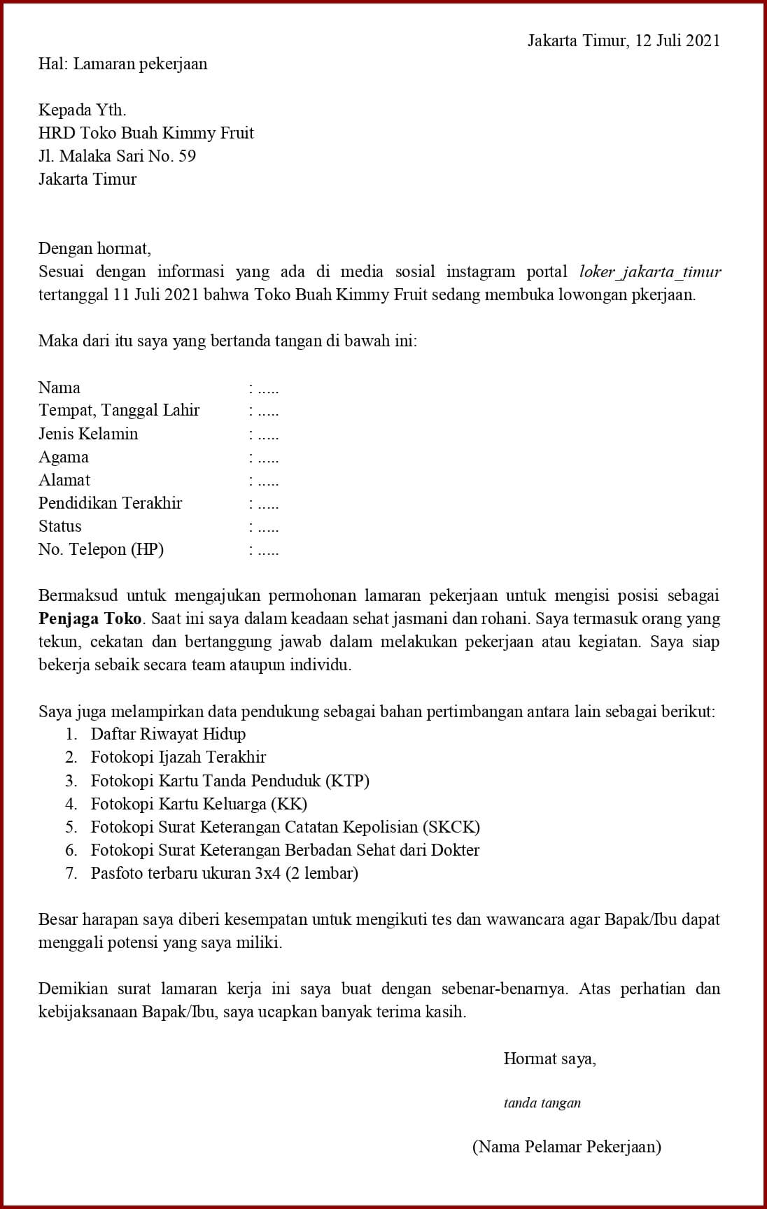 Detail Contoh Surat Job Application Letter Nomer 44