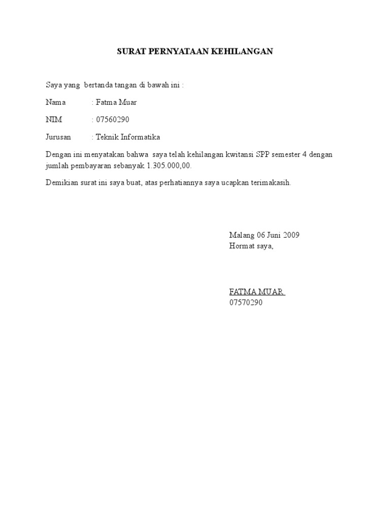Detail Contoh Surat Kehilangan Barang Nomer 3