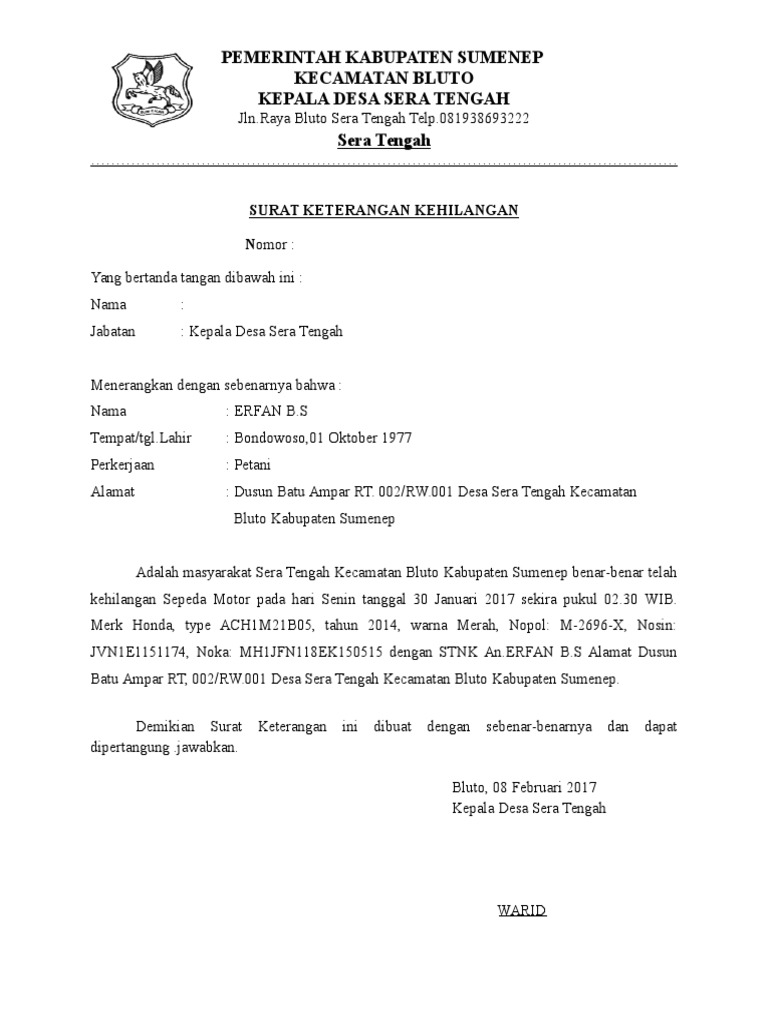 Detail Contoh Surat Kehilangan Barang Nomer 27