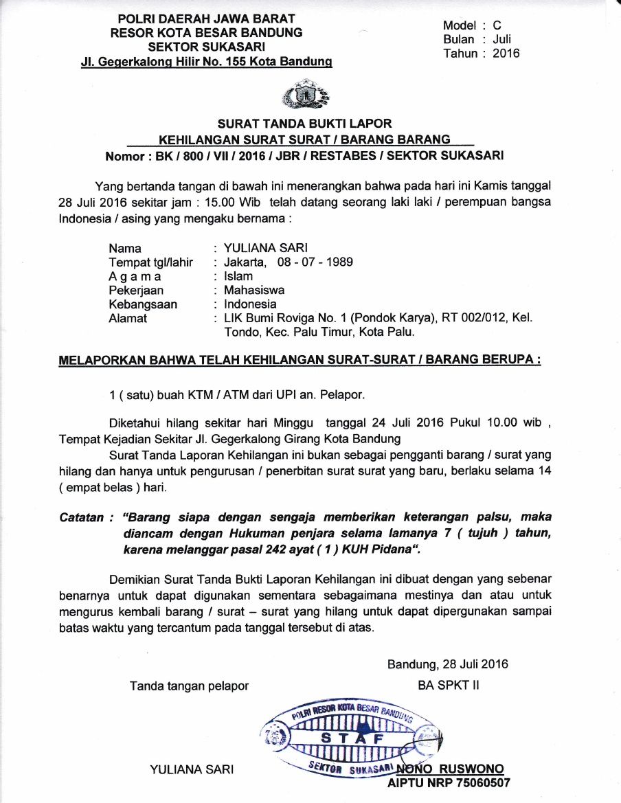 Contoh Surat Kehilangan Dari Kepolisian - KibrisPDR