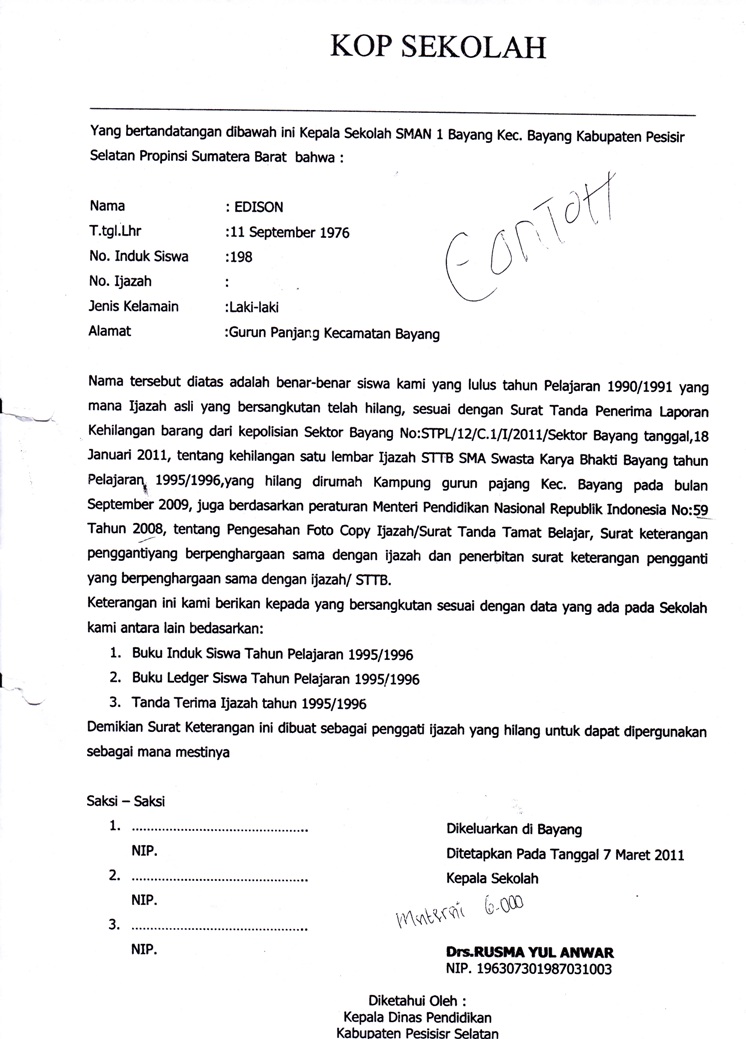 Detail Contoh Surat Kehilangan Ijazah Dari Sekolah Nomer 17