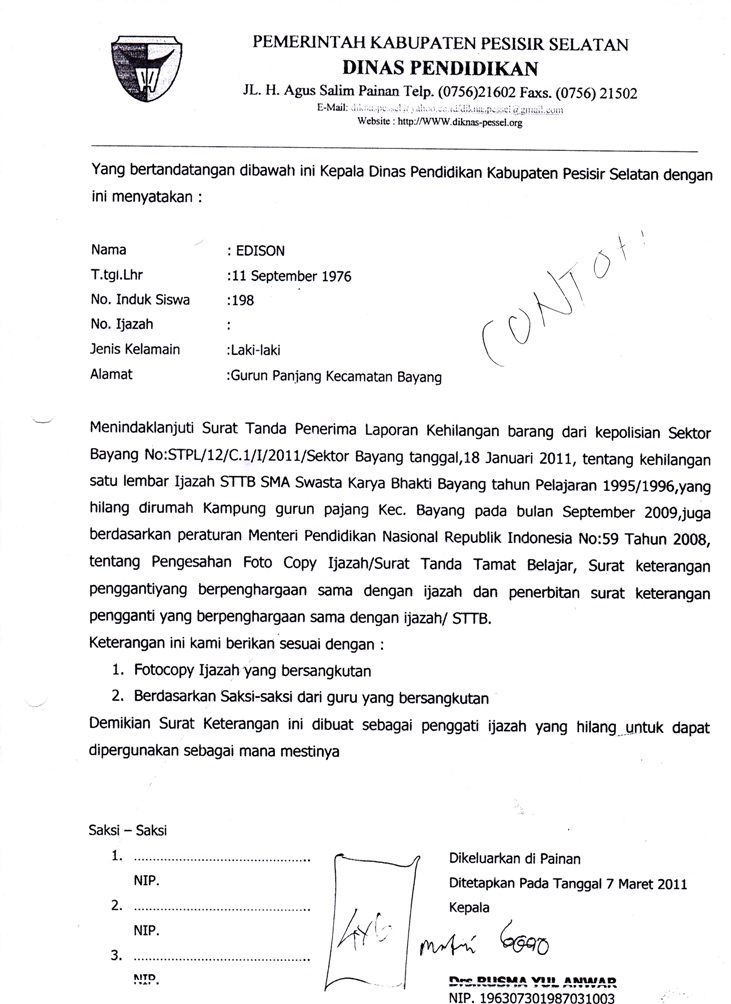 Detail Contoh Surat Kehilangan Ijazah Dari Sekolah Nomer 30