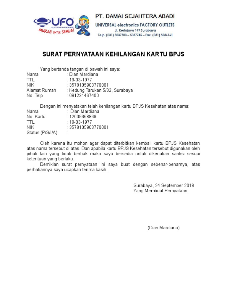 Detail Contoh Surat Kehilangan Kartu Bpjs Nomer 5