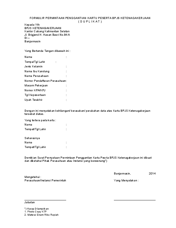 Detail Contoh Surat Kehilangan Kartu Bpjs Ketenagakerjaan Nomer 9