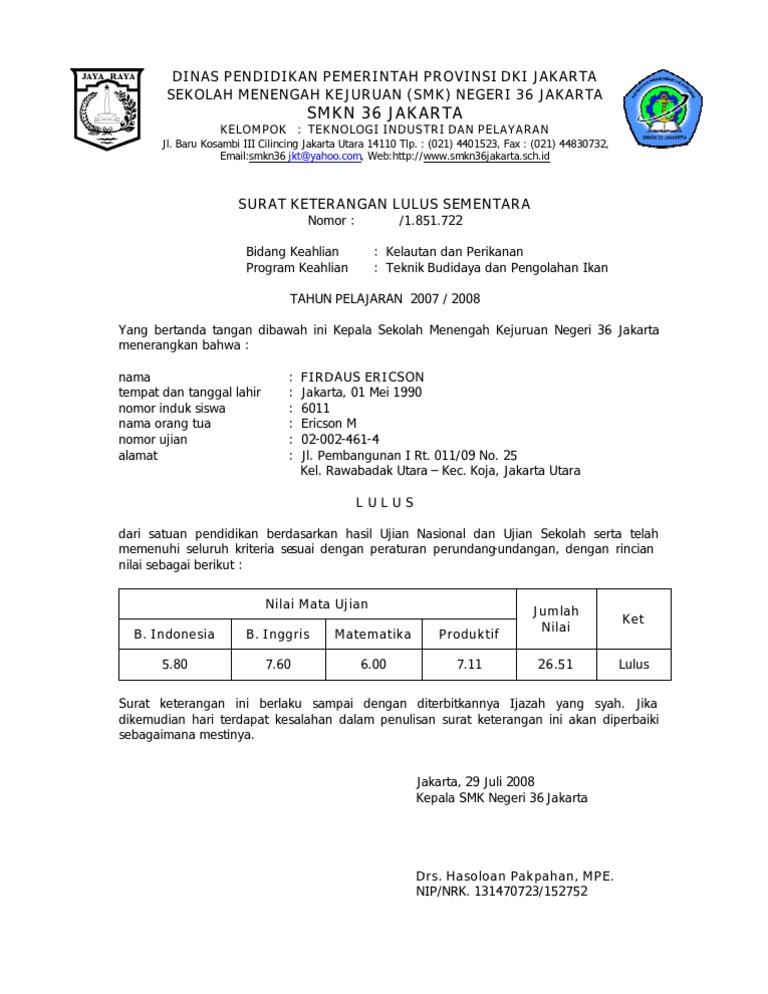 Detail Contoh Surat Kelulusan Smk Nomer 39