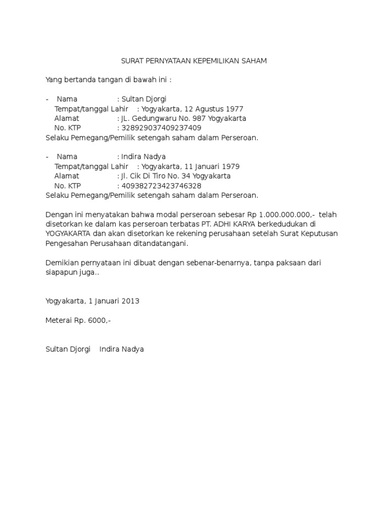 Contoh Surat Kepemilikan Saham - KibrisPDR