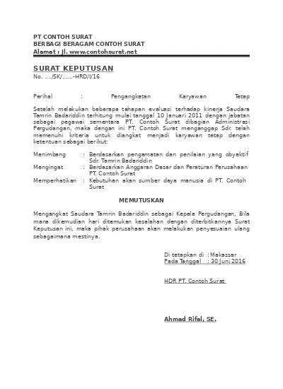 Detail Contoh Surat Keputusan Pengangkatan Karyawan Nomer 2