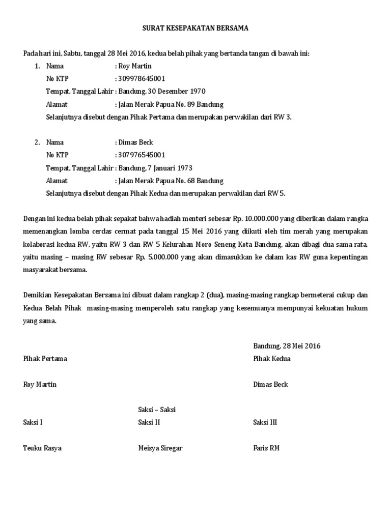 Detail Contoh Surat Kesepakatan Nomer 16