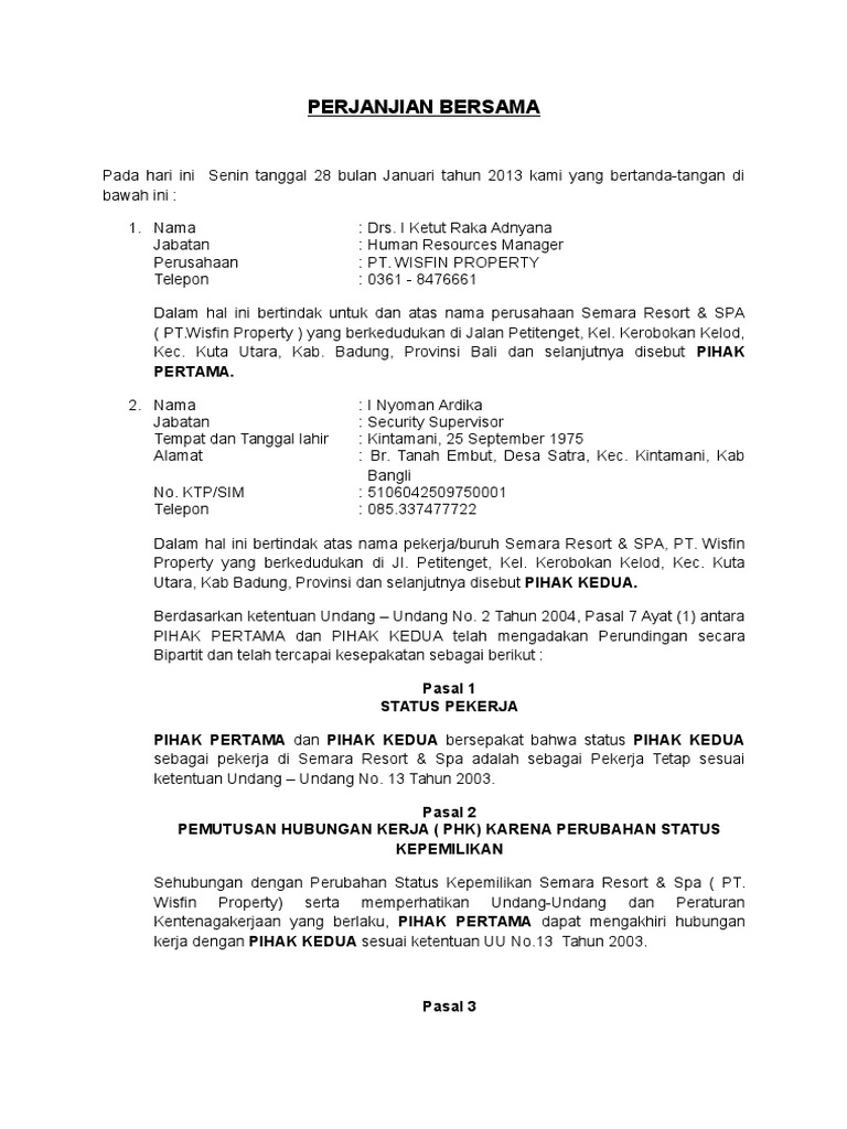 Detail Contoh Surat Kesepakatan Bersama Antara Perusahaan Dengan Karyawan Nomer 2