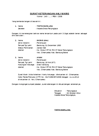 Detail Contoh Surat Keterangan Ahli Waris Dari Kelurahan Dan Kecamatan Nomer 36