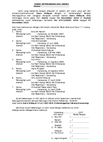Detail Contoh Surat Keterangan Ahli Waris Dari Kelurahan Dan Kecamatan Nomer 43