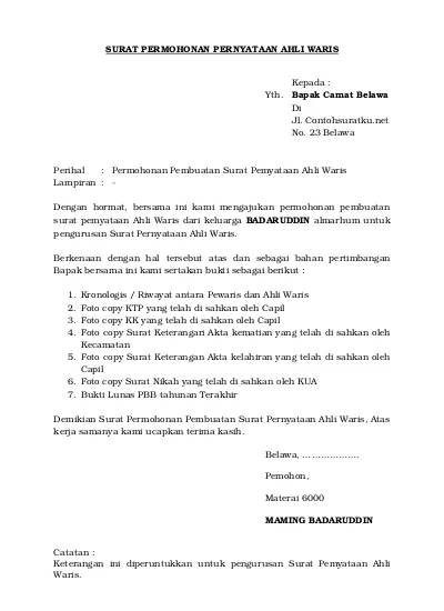 Detail Contoh Surat Keterangan Ahli Waris Dari Kelurahan Dan Kecamatan Nomer 6