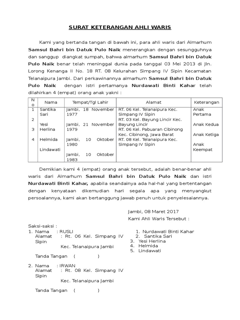 Detail Contoh Surat Keterangan Ahli Waris Dari Kelurahan Dan Kecamatan Nomer 51