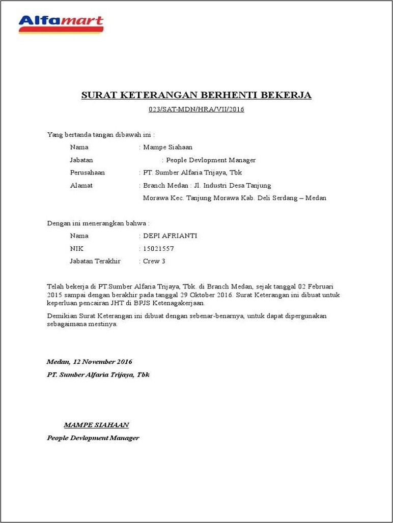 Detail Contoh Surat Keterangan Berhenti Kerja Dari Perusahaan Nomer 5