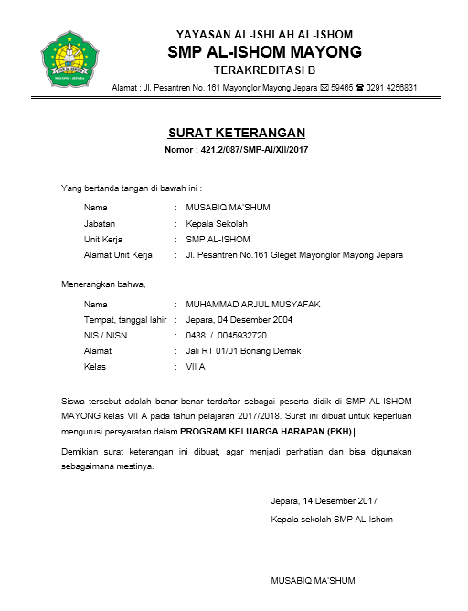 Surat Keterangan Diterima Sekolah Dochub - IMAGESEE