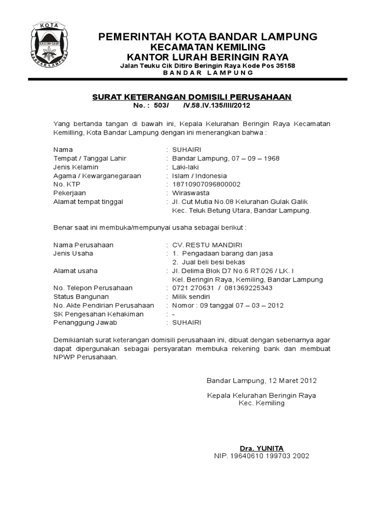 Detail Contoh Surat Keterangan Domisili Cv Nomer 2